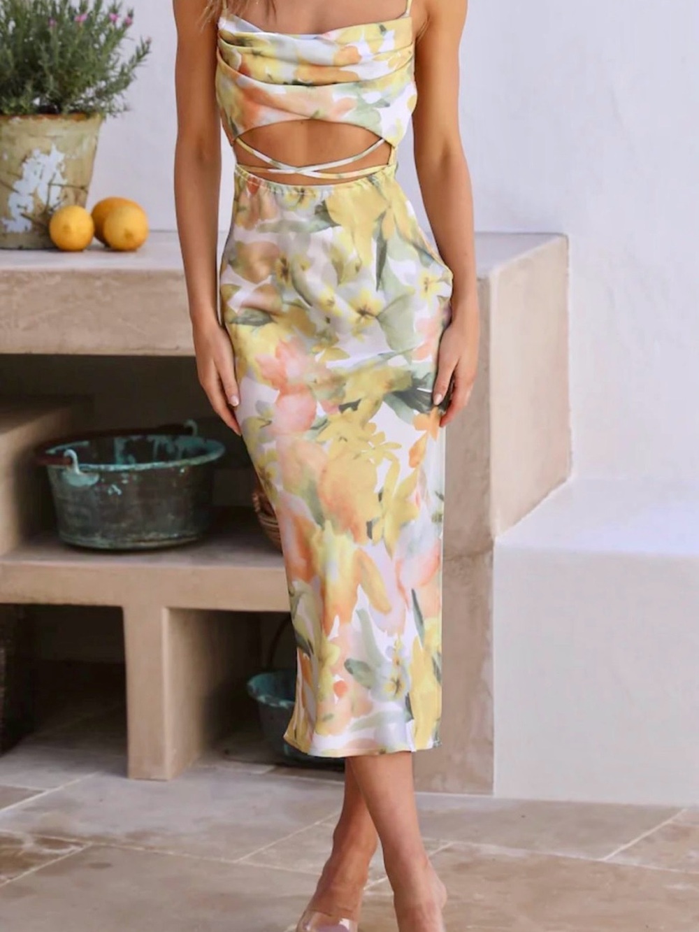 Watercolor Cutout Midi Dress in Yellow & Green